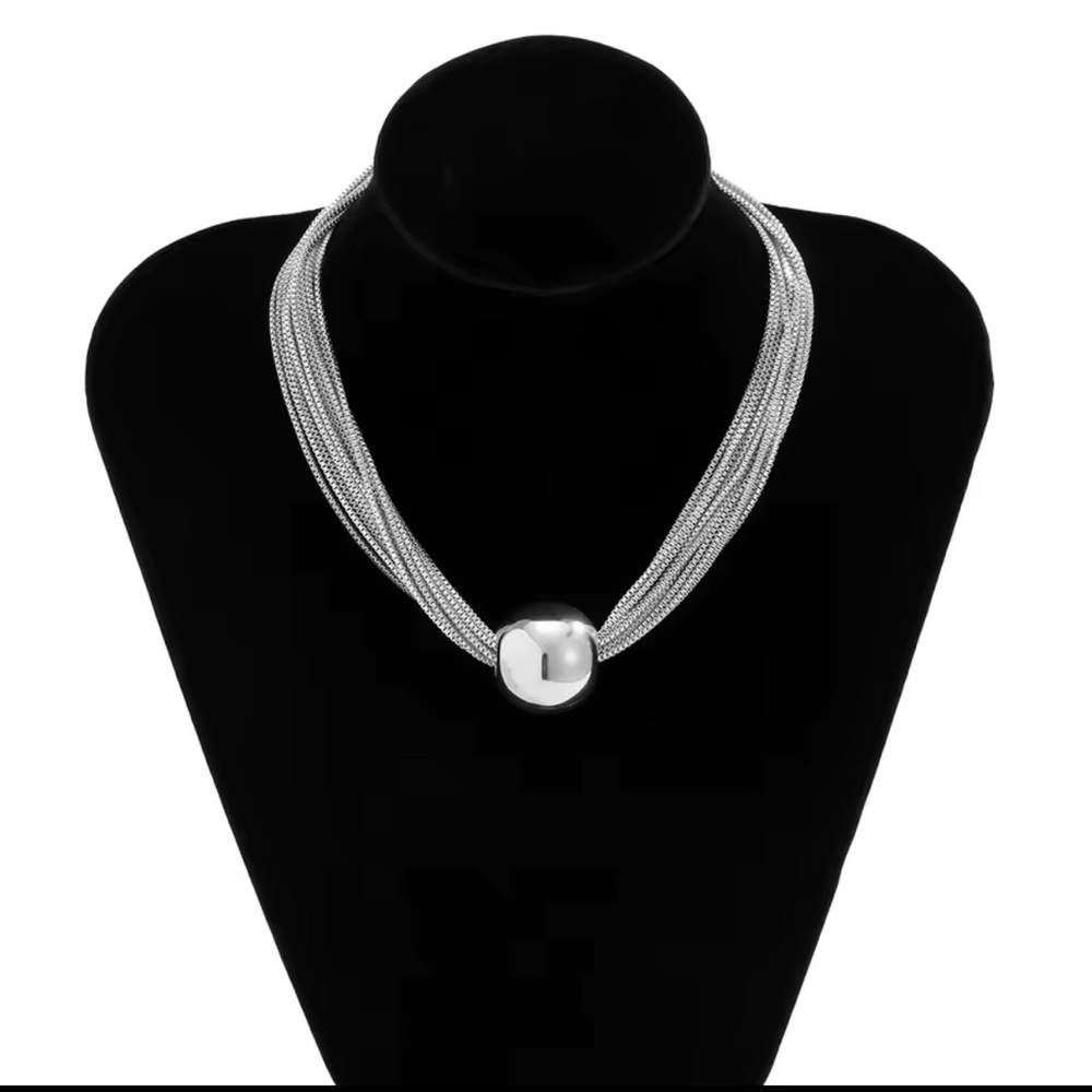 NEW SILVER STATEMENT MULTISTRAND SNAKE CHAIN NECKLACE BALL SPHERE CHOKER PENDANT - Picture 3 of 4